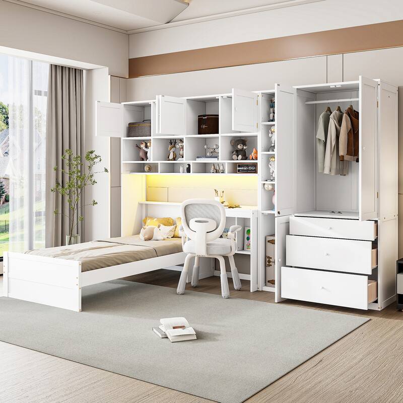 Twin Size Wood Platform Bed with Built-in Desk, Wardrobe, Cabinets & Drawers - White - Twin
