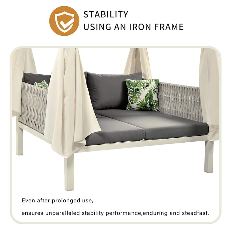 Outdoor Patio Rattan Canopy Daybed Sunbed with Curtain and Woven Rope Arm
