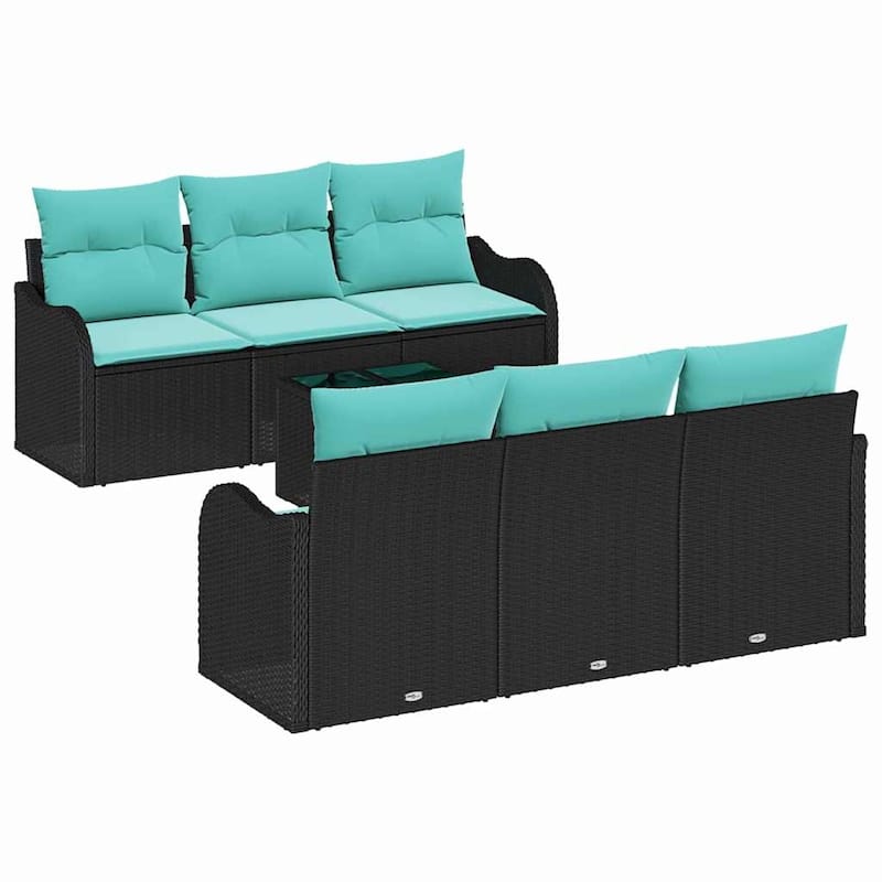 vidaXL 7 Garden Sofa Set with Cushions Black/Brown/Grey Poly Rattan - 69.3 x 24.4 x 27.2