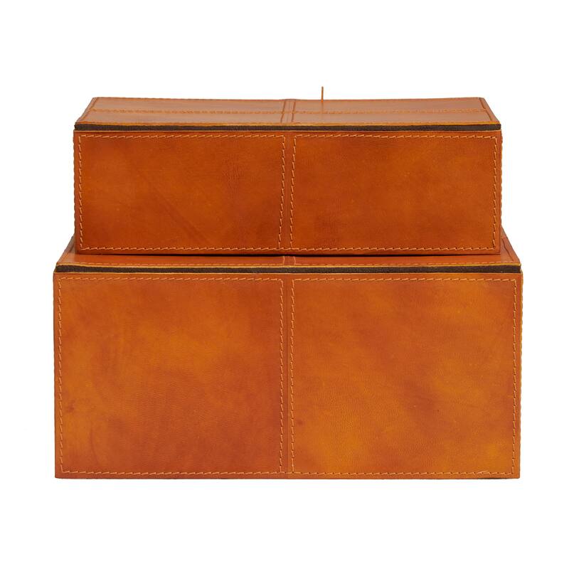 Brown Leather Storage Box with Snap Front Closure and Detailed Stitching (Set of 2)
