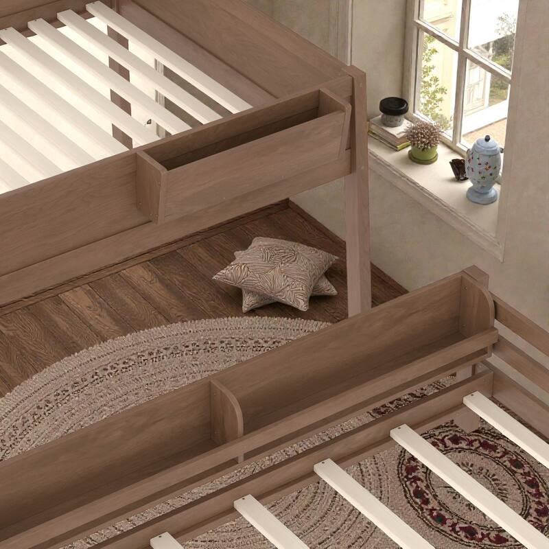 Wooden Bunk Bed Frame with Built-In Storage Shelves, Convertible to Two Beds, No Box Spring Needed