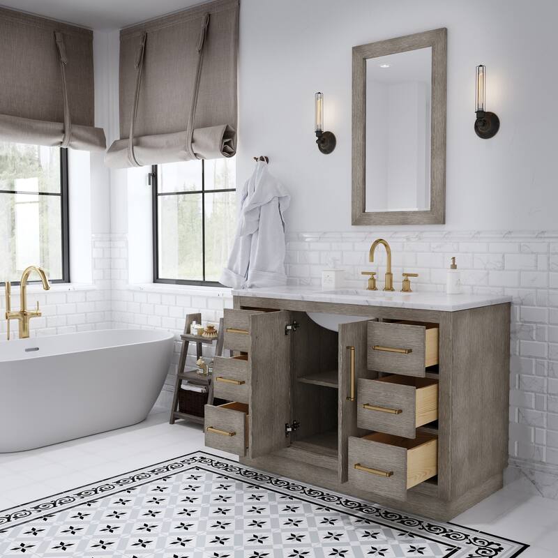 Hugo Carrara Marble Countertop Vanity with Mirror and Gooseneck Faucet