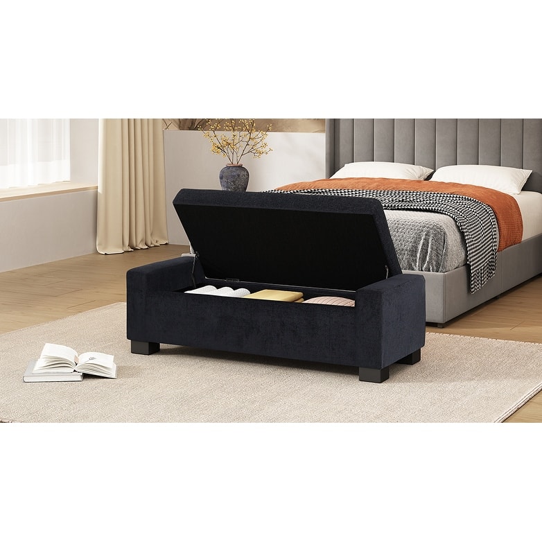 50" Ottoman Bench in Textured Fabric, Rectangular Design with Hinged Lid for Seating, Footrest, and Hidden Storage