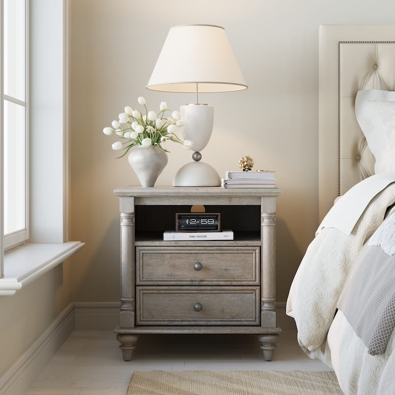 Farmhouse Nightstand Solid Wood Feet, Sofa Table with Charging Station