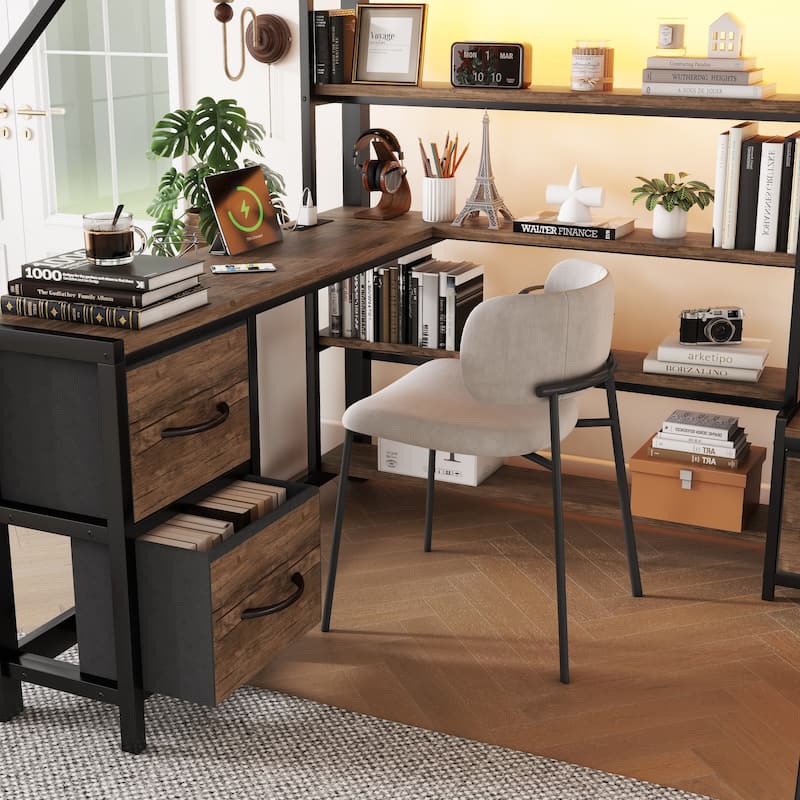 Queen Size Loft Bed with Desk, LED, Storage Shelves, Wardrobe, and Drawers for Space Efficiency