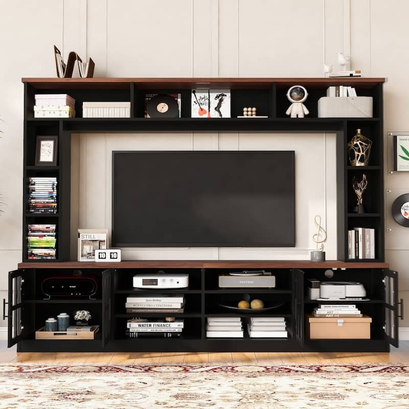 95.5" Modern TV Stand Media Console Entertainment Center with Bookshelves and Cabinets - Black