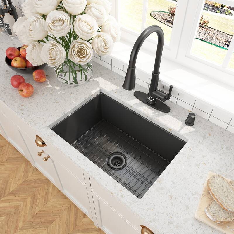 CASAINC All-in-One Fireclay 27 in. Single Bowl Undermount Kitchen Sink with Infrared Sensor Kitchen Faucet and Accessories - Matte Black Sink + Pull Down Kitchen Faucet