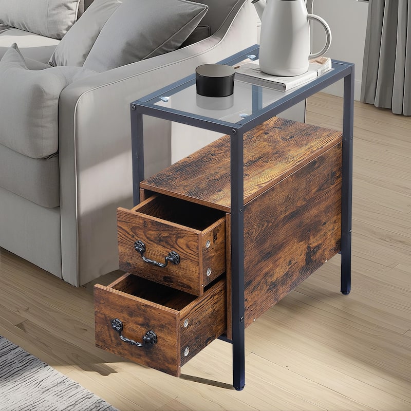 VECELO 2-Drawer Modern End Tables with Glass Top, Narrow Side Tables with Drawers, Nightstands for Small Spaces
