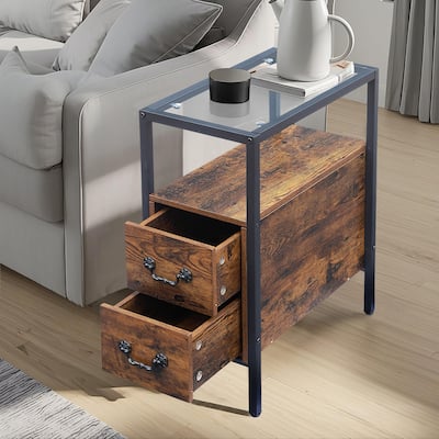 VECELO 2-Drawer Modern End Tables with Glass Top, Narrow Side Tables with Drawers, Nightstands for Small Spaces