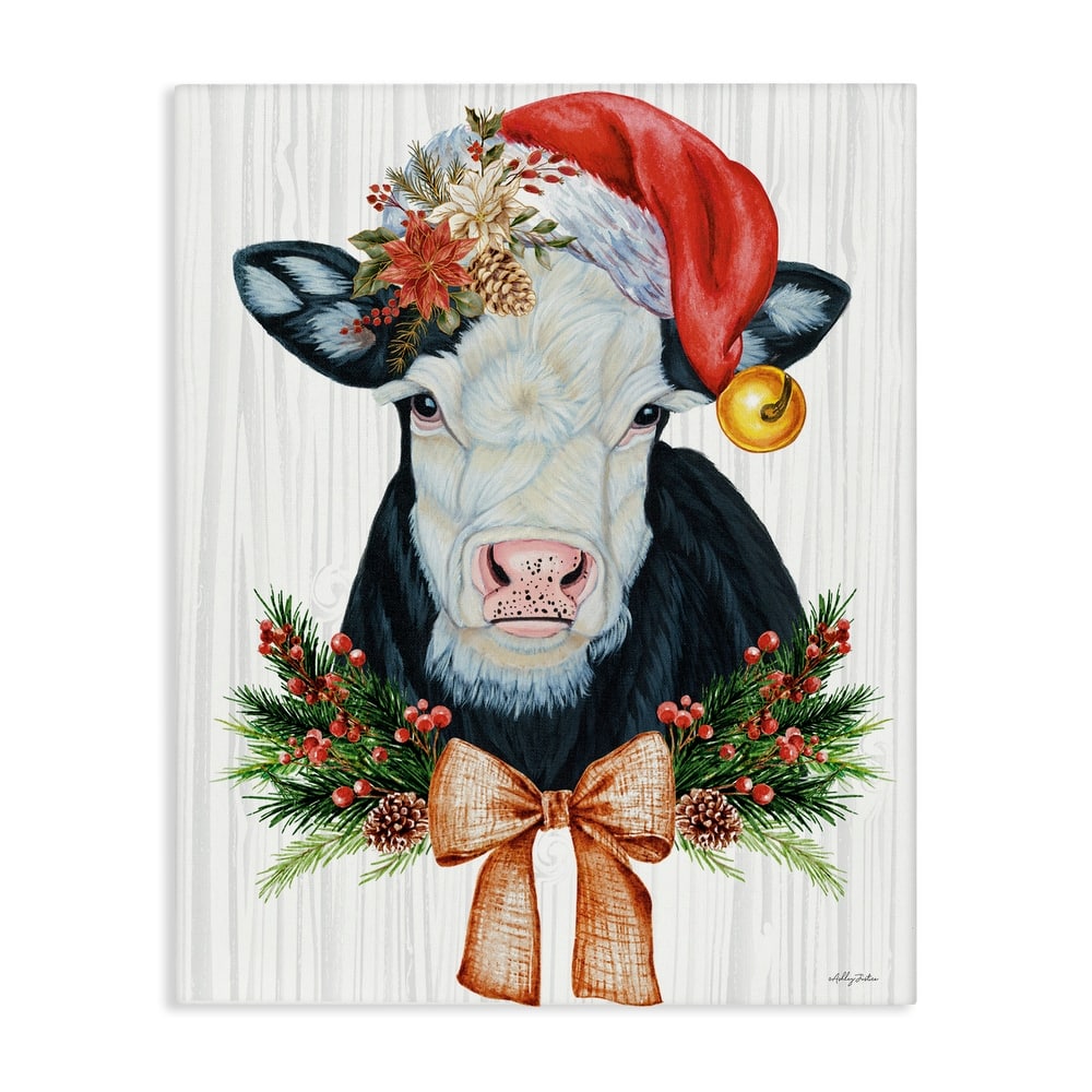 Stupell Festive Cow in Christmas Hat Canvas Wall Art Design By Ashley Justice