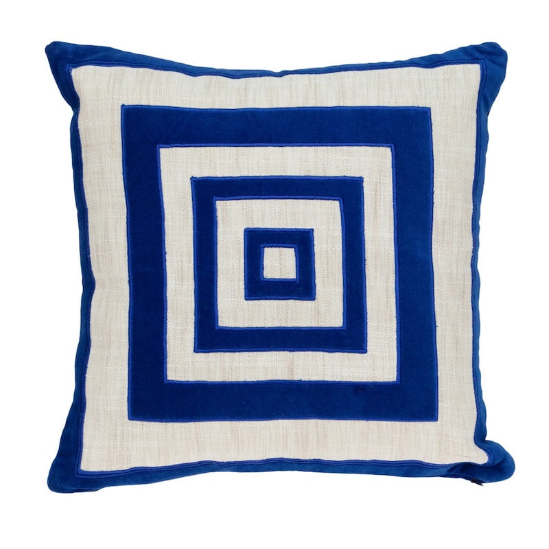 HomeRoots 18" Beige and Blue Geometric Cotton Blend Throw Pillow with Embroidery and Applique
