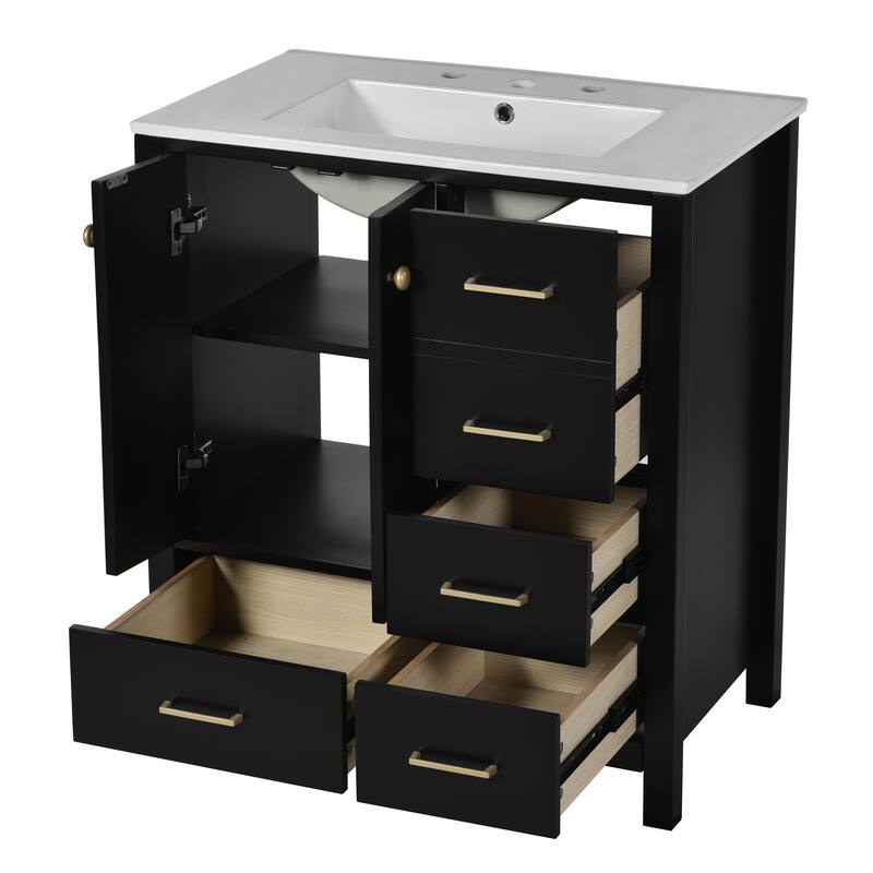 Freestanding Solid Wood Frame Storage Cabinet 30'' Bathroom Vanity with 4 Drawers, Soft Closing Doors and Gold Handles