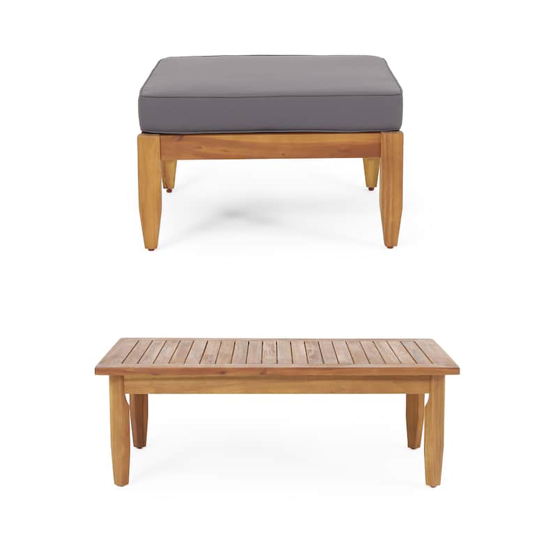 2 Piece Outdoor Conversation Set Acacia Wood Ottoman and Coffee Table Set with Removable Cushion - Teak