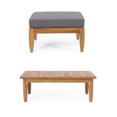 2 Piece Outdoor Conversation Set Acacia Wood Ottoman and Coffee Table Set with Removable Cushion