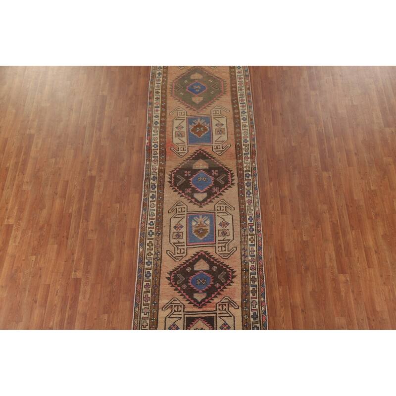 Tribal Ardebil Persian Vintage Runner Rug Handmade Orange Wool Carpet - 3'7" x 13'1"