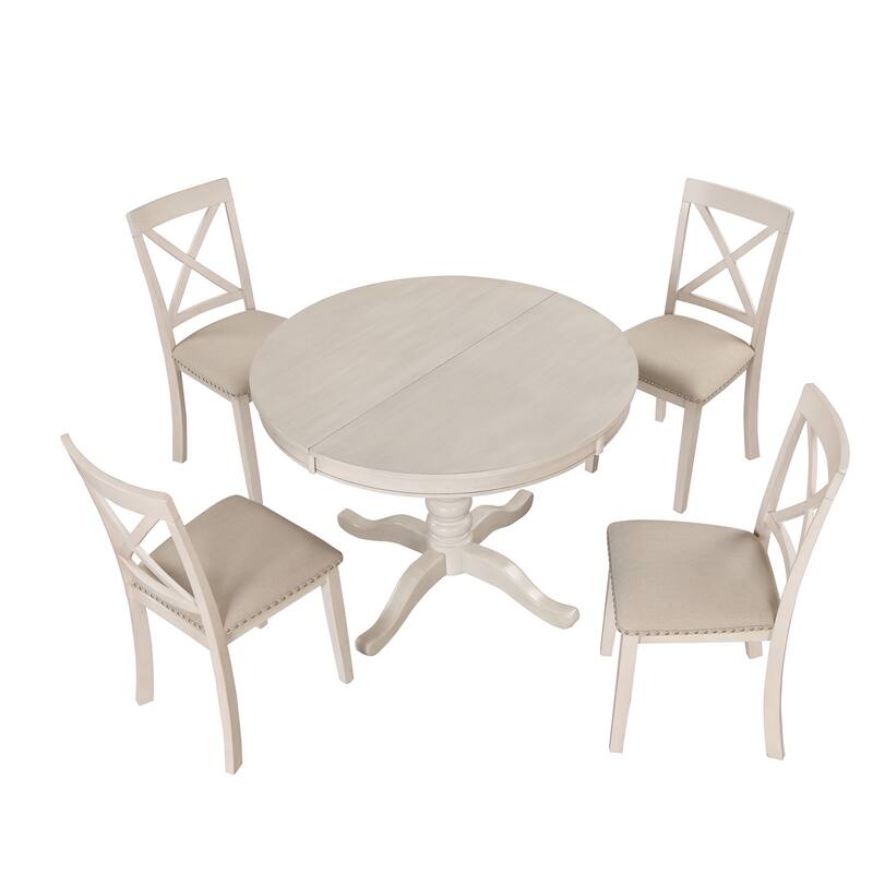 5-Piece Wooden Dining Table Set with Expandable Round Table & 4 Chairs