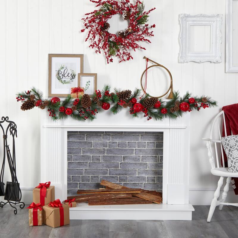 Artificial Garland 6ft Winter Holiday Decor Pinecone Apple Berry Greenery - 72