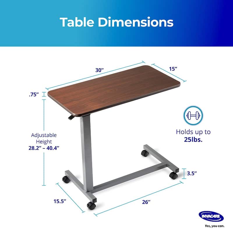 Invacare Adjustable Medical Bedside Table - Waterproof Rolling Hospital Tray Table with L-Shaped Base