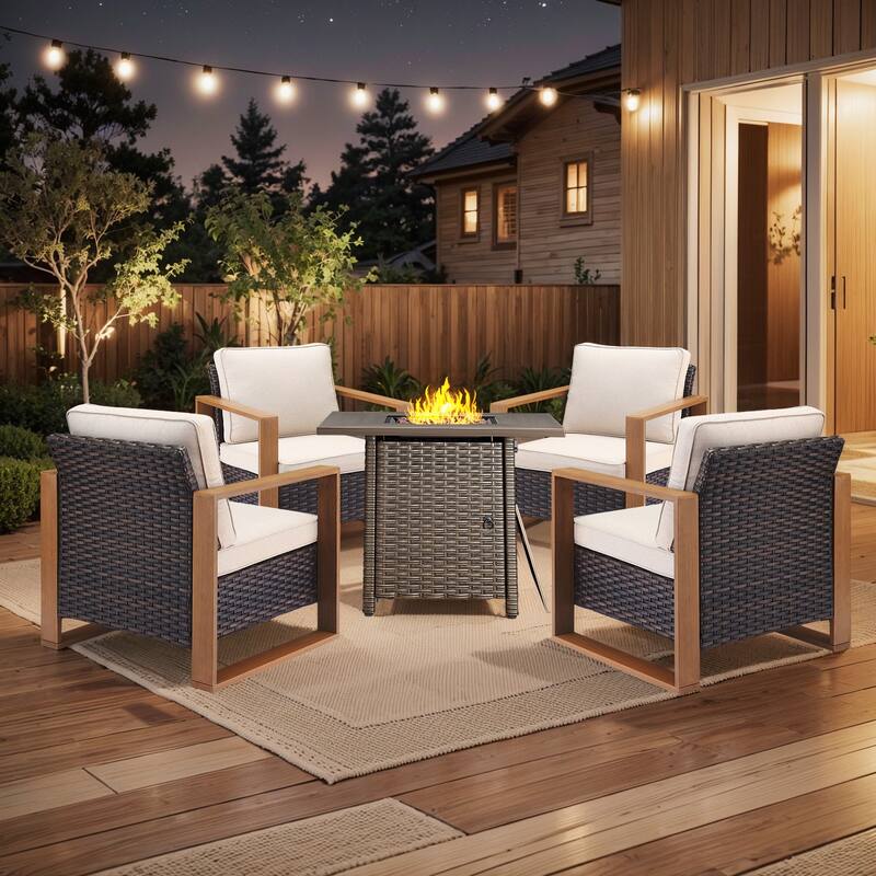 Pocassy 5 Pieces Outdoor All-Weather Chair with Fire Table Set - Brown Wicker Beige Cushion - 5-Piece Patio Chair with Suqare Fire Table