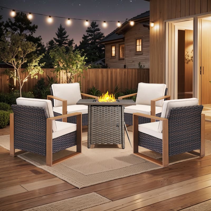 Pocassy Fire Pit Table with Outdoor Sofa Chair Ottoman Set - Brown Wicker Beige Cushion - 5-Piece Patio Chair with Suqare Fire Table