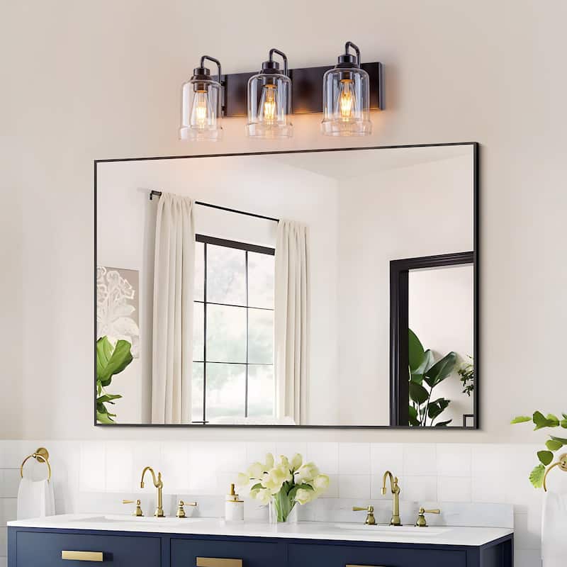 Starsky Modern Farmhouse 3‑Light Vanity Wall Light with Clear Decorative Glass Shades, E26 Bulb Base, Oil Rubbed Bronze Finish