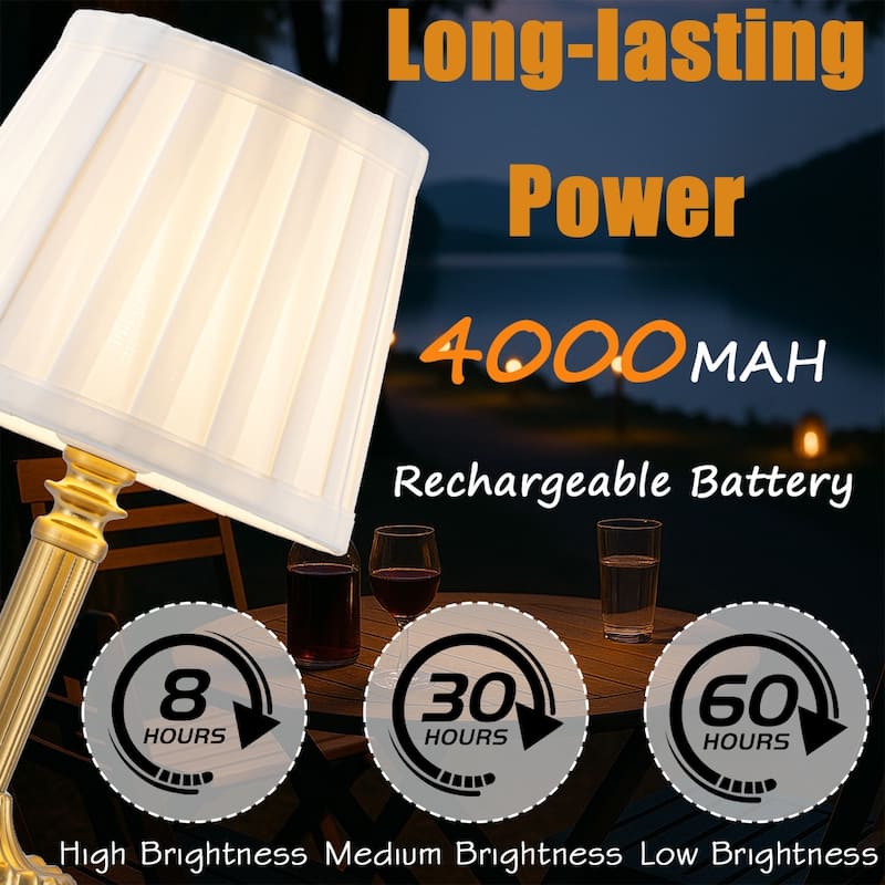 Brass Glam Cordless Fabric Shade Table Lamp Touch Control with 3 Way Classic Dimmable Rechargeable LED（2 Pack） - W6''