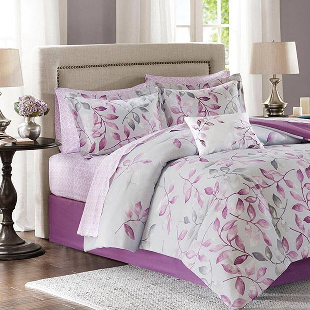 Twin Floral Comforter Set with Cotton Bed Sheets Purple On Sale Bed