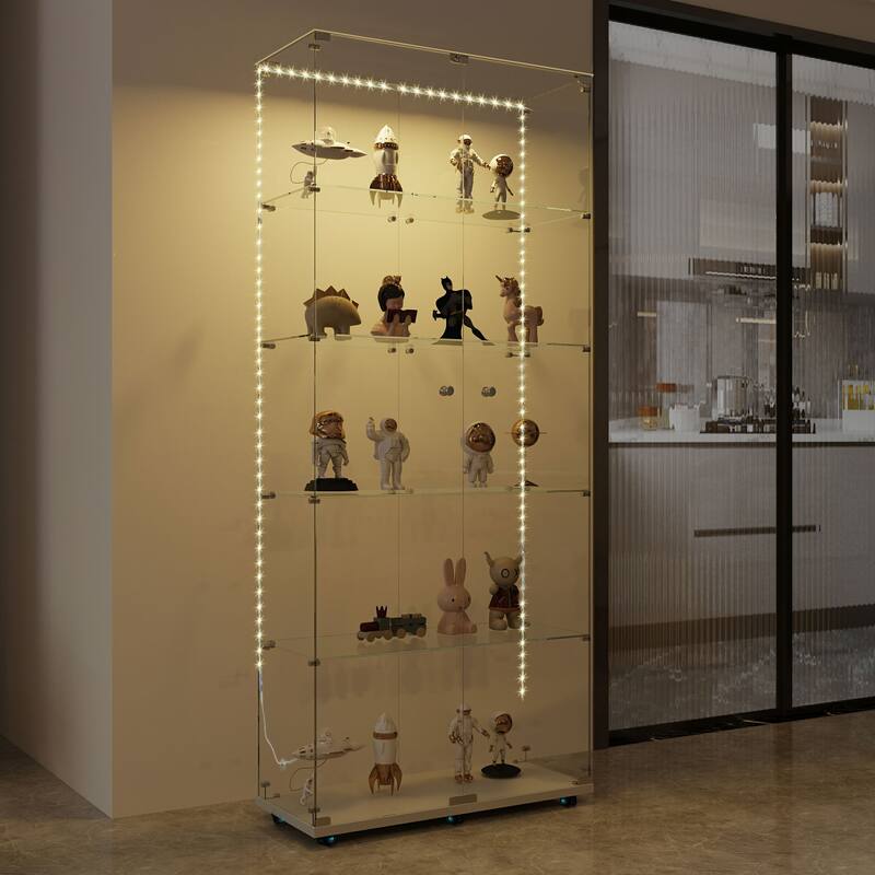 Tempered Glass Display Cabinet,Wine Cabinet,Storage Cabinet with Bluetooth LED Light Strips, Lock on Door, Tempered Glass Top - White