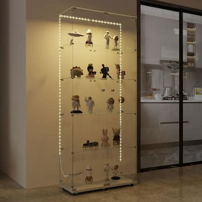 Tempered Glass Display Cabinet,Wine Cabinet,Storage Cabinet with Bluetooth LED Light Strips, Lock on Door, Tempered Glass Top