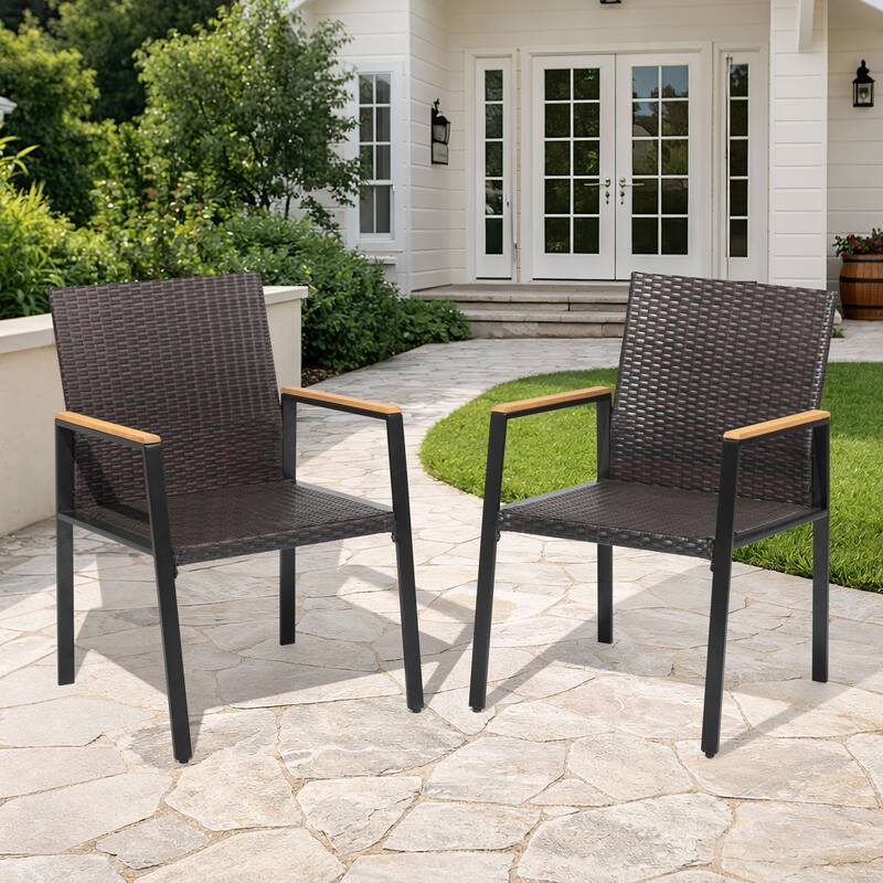 All Weather Wicker Patio Chairs Set of 2, Acacia Wood Armrests - Black