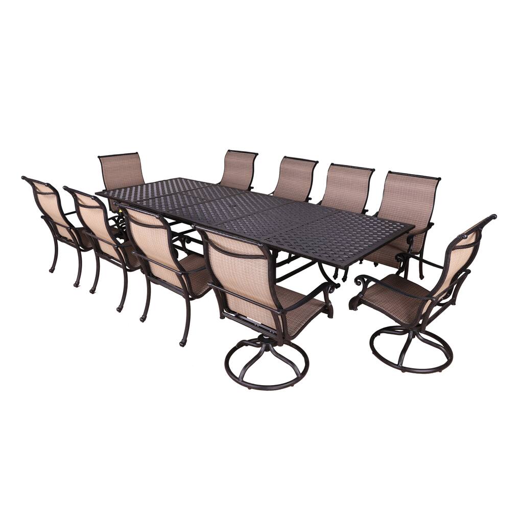 Yorkshire 11pc Aluminum Sling Dining Set, 48x84/105/127 Rectangle Extension Table