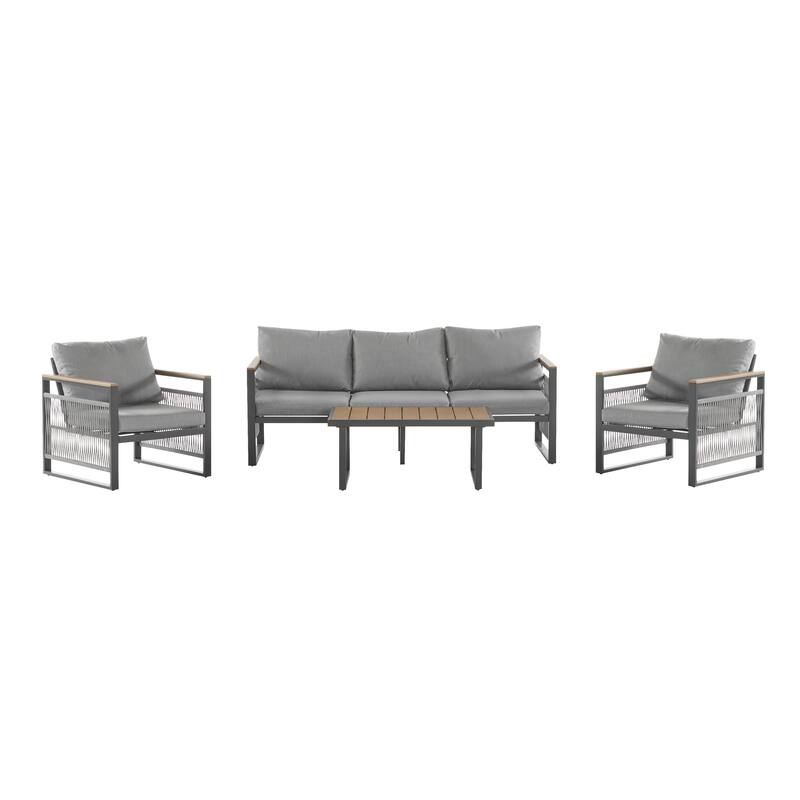4-Pieces Outdoor Metal Patio Furniture Set, 5-Seat Patio Furniture Sofa Set with Cushion and Coffee Table, 3-Seater Sofa