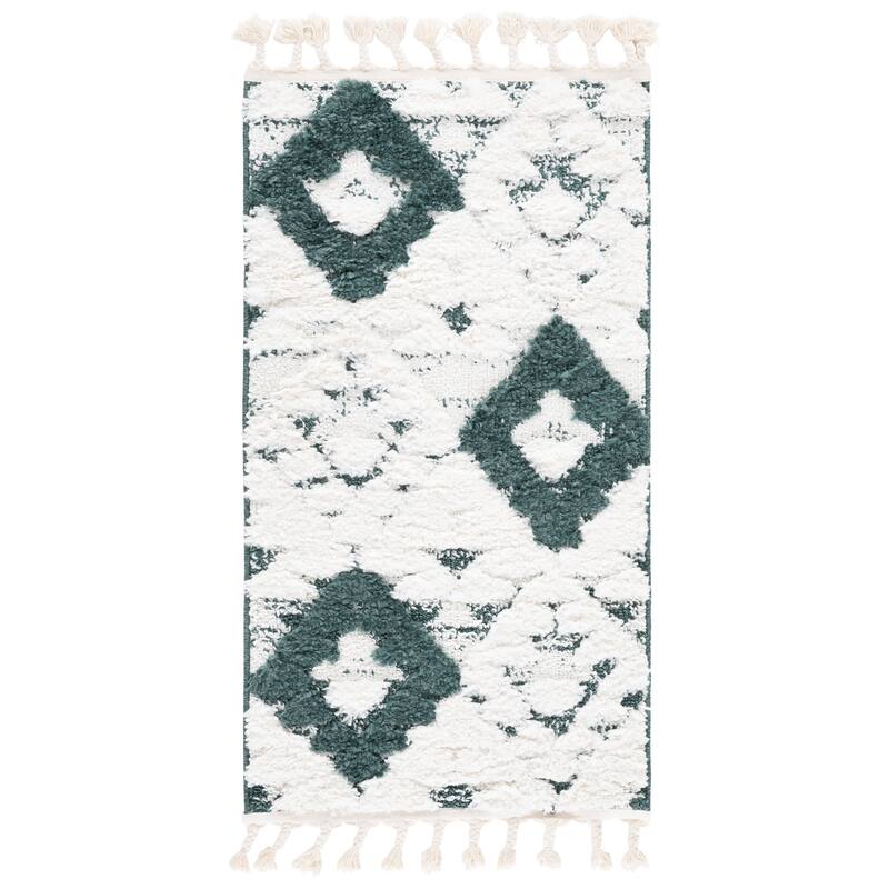 SAFAVIEH Moroccan Tassel Shag Delores 2-inch Thick Rug - 2'3" x 4' - Green/Ivory