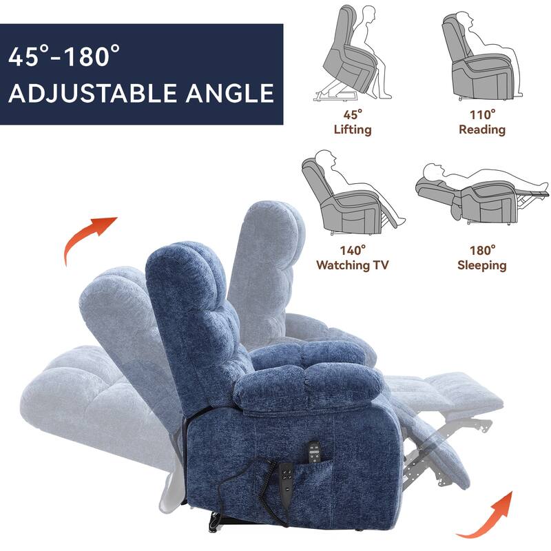 Chenille Power Lift Recliner Chair for Big and Tall with Massage, Heat, Dual Motors, and 180° Recline