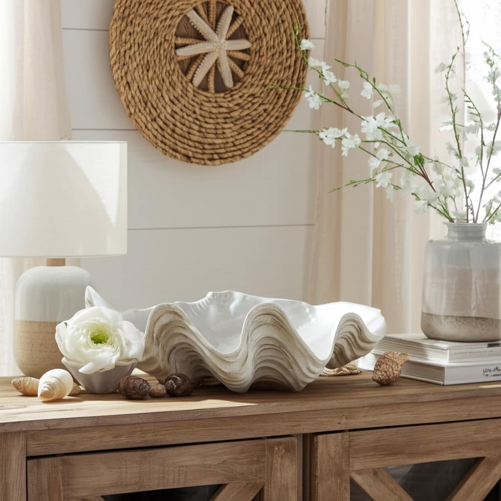 Sagebrook Home 9-inch Ivory Pearlized Shell Bowl, Polyresin Crafted - 9" x 8" x 5"