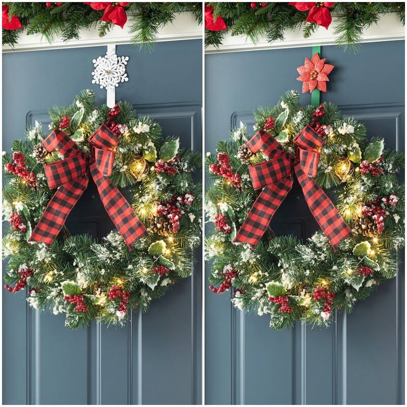 Glitzhome 24"D Snow Berry Twig Ball Pinecone Holly Pine Wreath with Lights & Timer - 4PK Ribbon Bow Wreath & Snowflake Flower Hanger