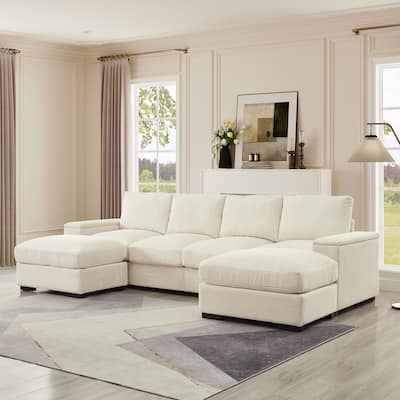122" Corduroy U-Shaped Sleeper Sectional Sofa with Ottomans & Storage
