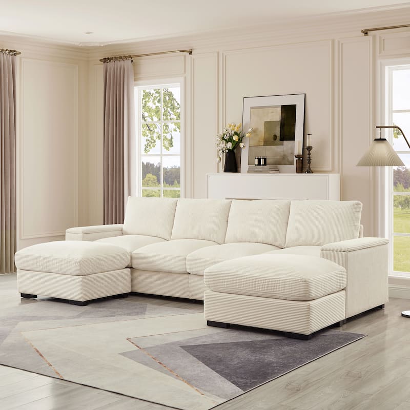 Modern U Shaped Sectional Sofa with Corduroy Upholstery and Armrest Storage for Living Rooms or Apartments - Beige