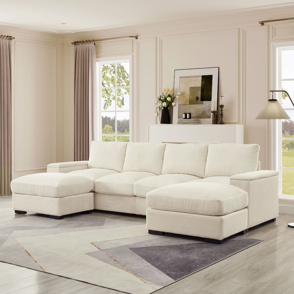 Modern U Shaped Sectional Sofa with Corduroy Upholstery and Armrest Storage for Living Rooms or Apartments