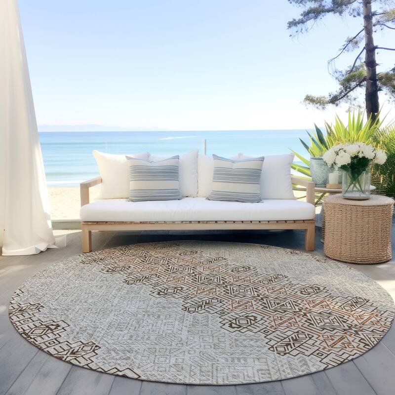 Machine Washable Indoor/ Outdoor Moroccan Boho Chantille Rug - Brown - 8' x 8'