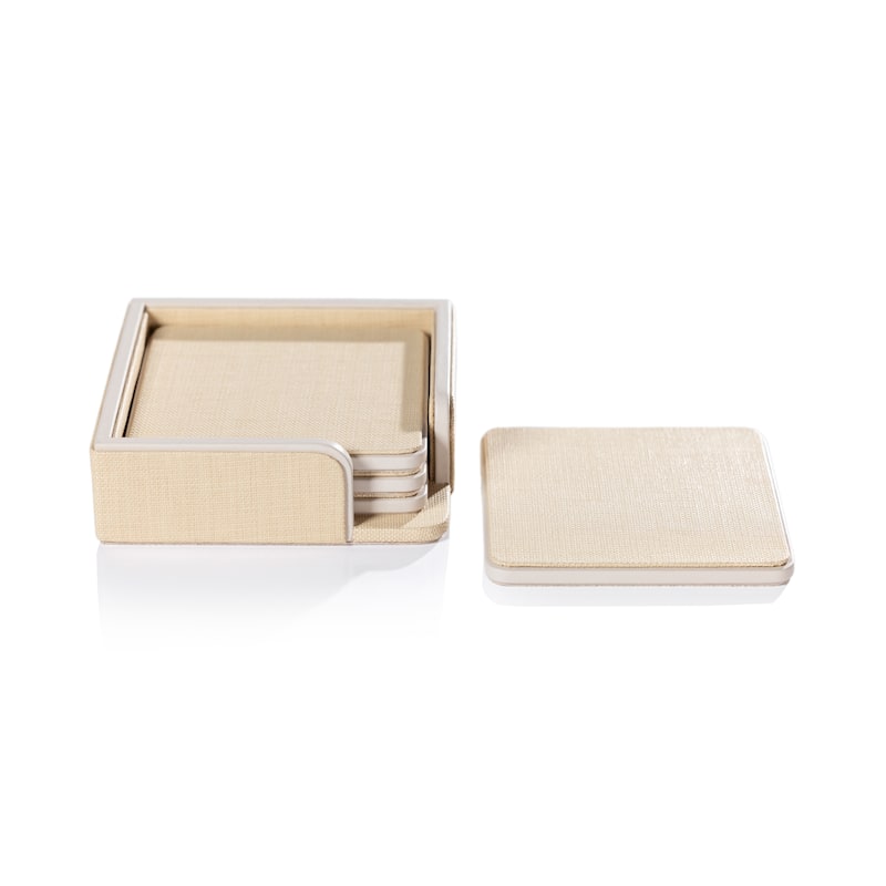 Nappa Leather & Raffia 4-Piece Coaster Set on Tray
