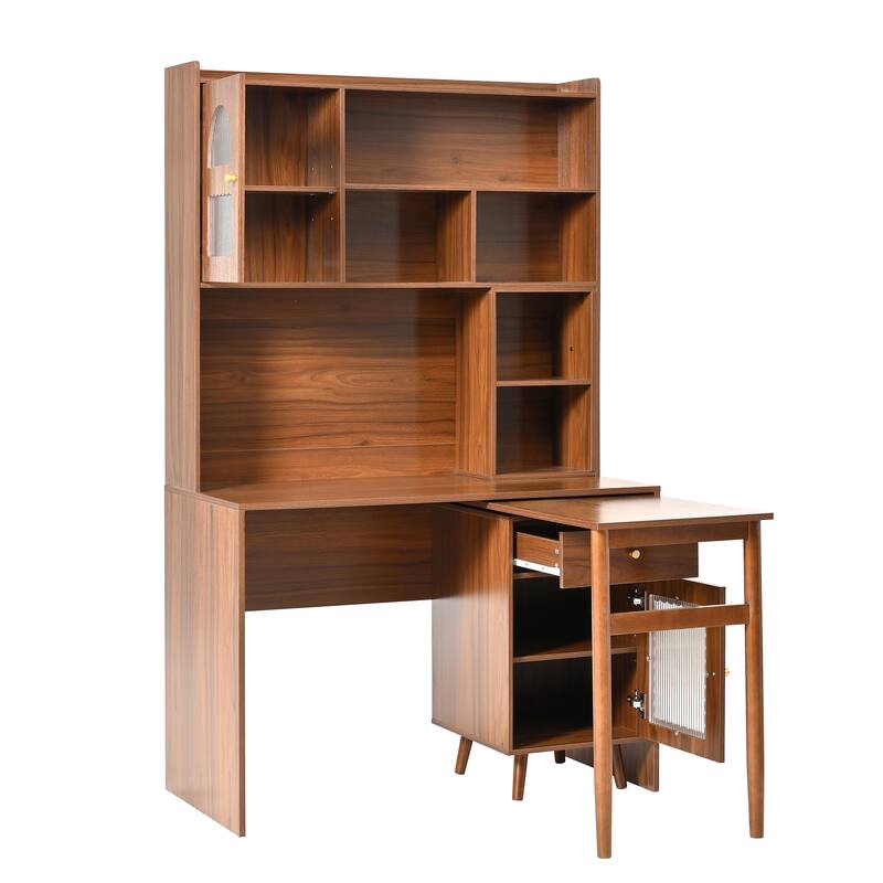Computer Desk with 90 Rotating Side Table, Storage Drawer, Cabinets and Open Shelves for Home Office Study