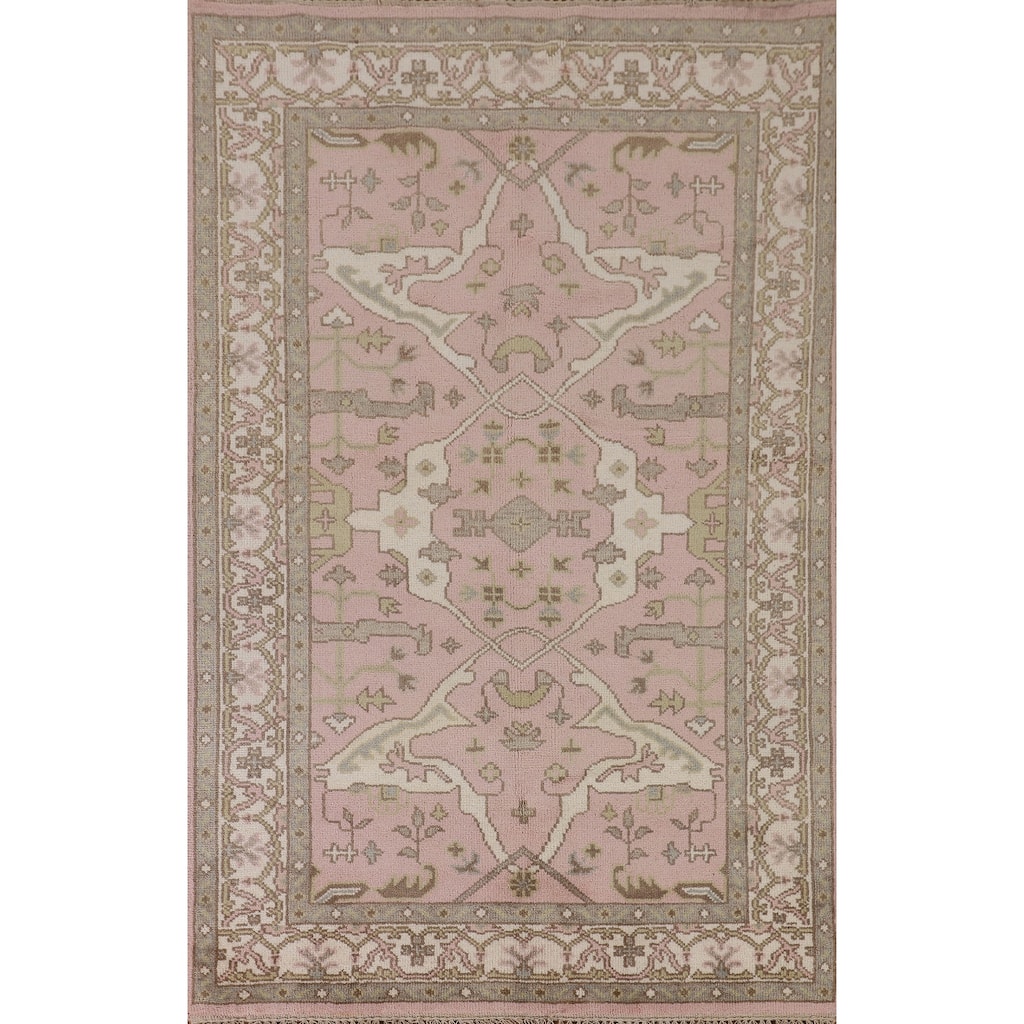 Light Pink Floral Oushak Oriental Area Rug Handmade Wool Carpet - 4'10"x 7'8"