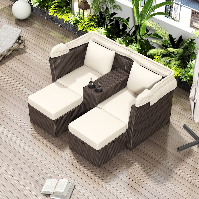 2-Seater Outdoor Patio Daybed with Foldable Awning
