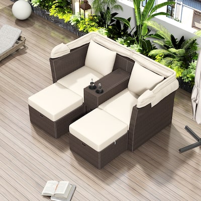 2-Seater Outdoor Patio Daybed with Foldable Awning