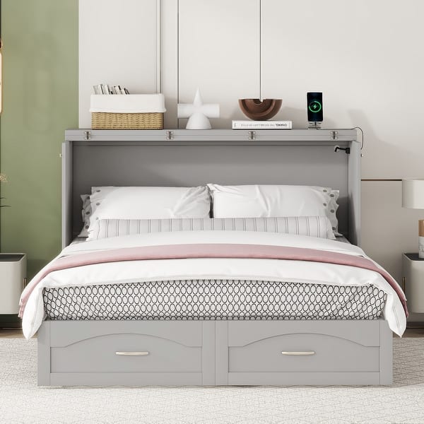 slide 2 of 18, Queen Size Murphy Bed Wall Bed w/ Drawer & Sockets & USB Ports Grey