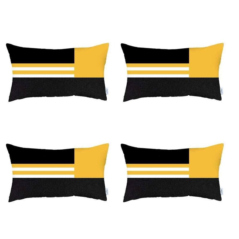 HomeRoots Set Of Four 20" X 12" Yellow Striped Zippered Handmade Polyester Lumbar Pillow