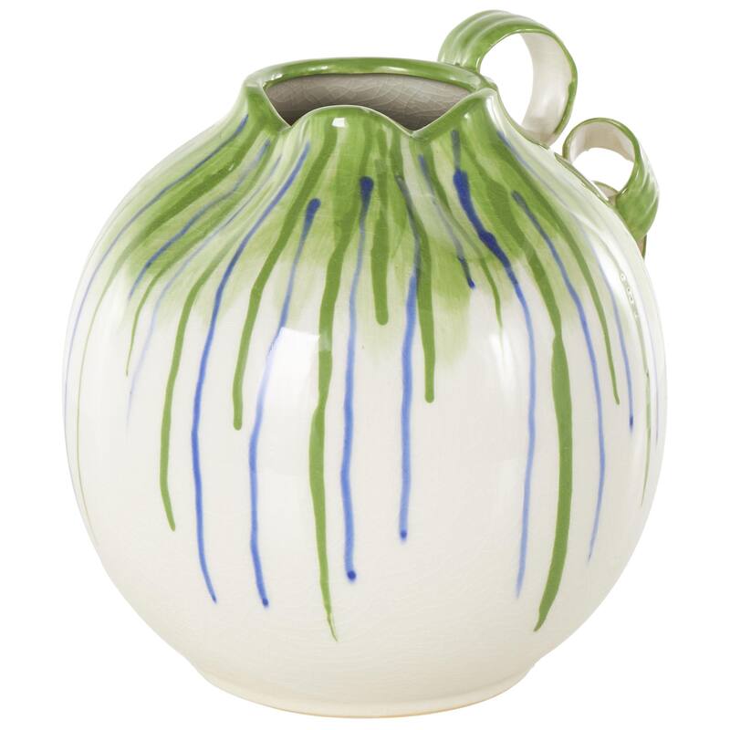 Ceramic Abstract Decorative Vase with Green and Blue Drip Design and Handles - White - Roche River Decor - White - 11"W, 11"H