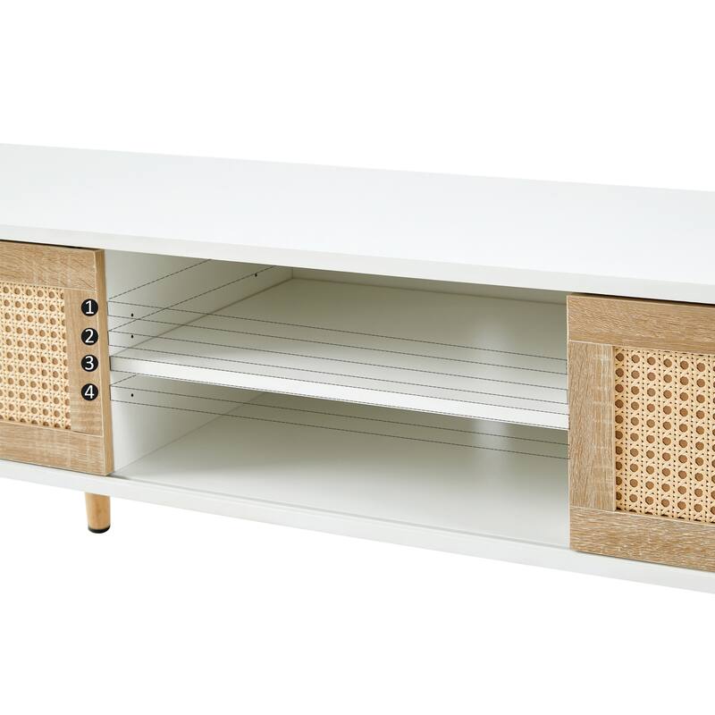 Modern Rattan Woven TV Stand with Adjustable Shelves, Solid Wood Legs, and Sliding Doors.