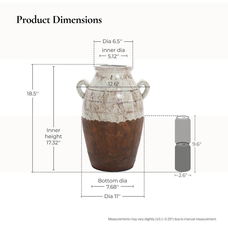 Rustic Cream and Brown Terracotta Urn with Handles 18.5-Inch Tall Vase